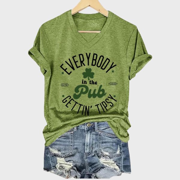 Everybody In The Pub Getting Tipsy St. Patrick's Day Printed V-Neck T-Shirt