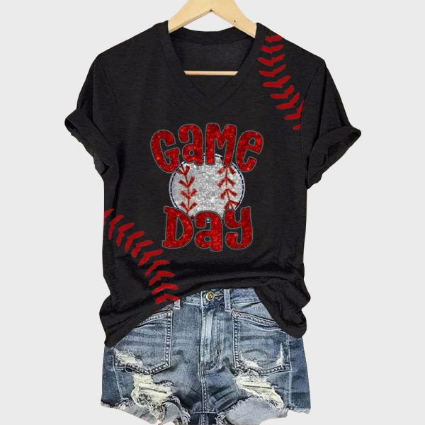 Womens Game Day Baseball Print V Neck T Shirt 2