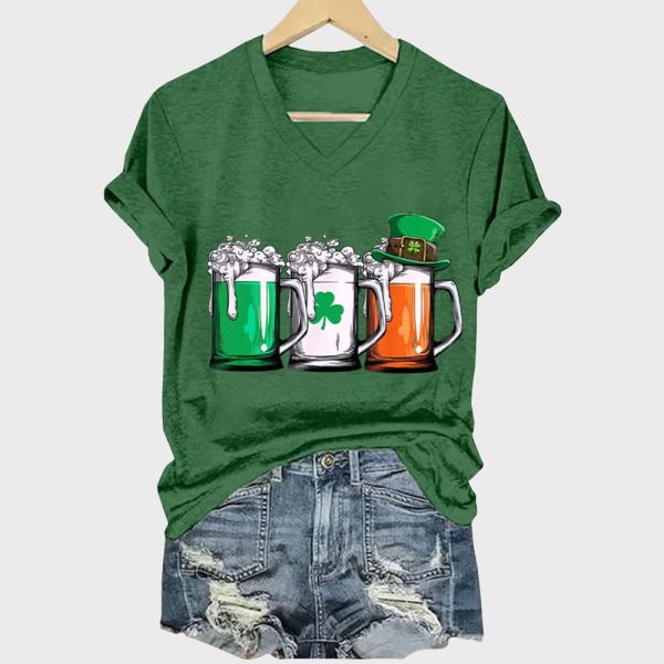 Women's St. Patrick's Day Beer Mug Print V-Neck Short Sleeve T-Shirt