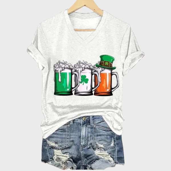 Womens St Patricks Day Beer Mug Print V Neck Short Sleeve T Shirt 4