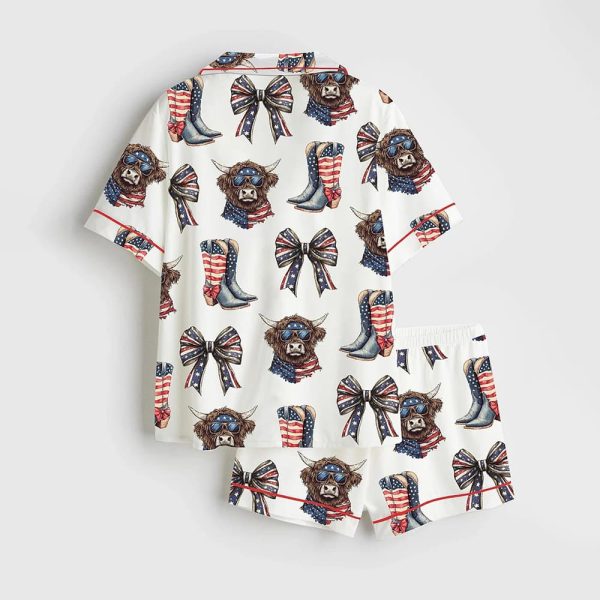 America Highland Cow Western 4th Of July Satin Pajama Set 2