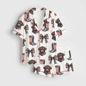 America Highland Cow Western 4th Of July Satin Pajama Set