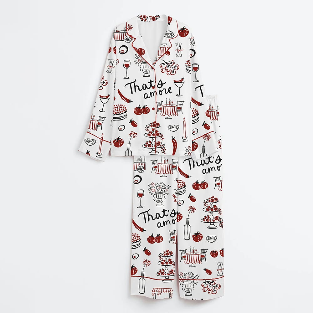 Hand Drawn Whimsical Illustrations Of Italian Food Italian Wedding Print Satin Pajama Set Hand Drawn Whimsical Illustrations Of Italian Food Italian Wedding Print Satin Pajama Set