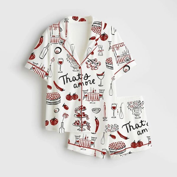 Hand Drawn Whimsical Illustrations Of Italian Food Italian Wedding Print Satin Pajama Set 2