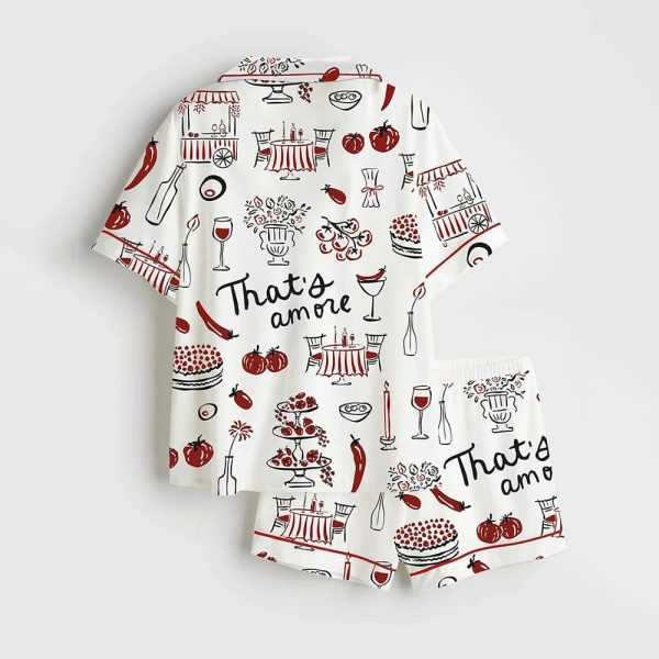 Hand Drawn Whimsical Illustrations Of Italian Food Italian Wedding Print Satin Pajama Set 3