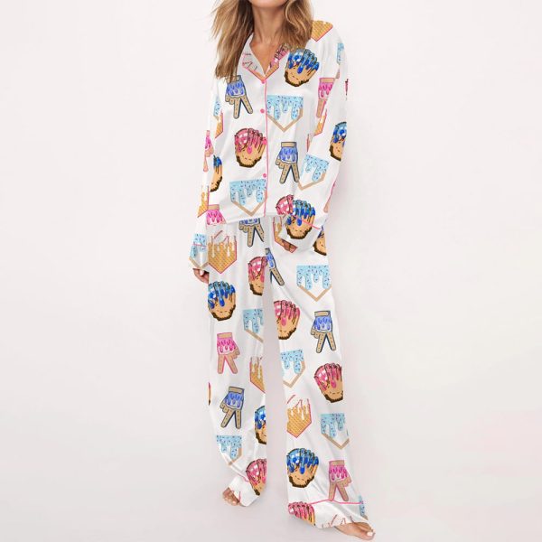 Ice Cream Baseball Satin Pajama Set For Women 2