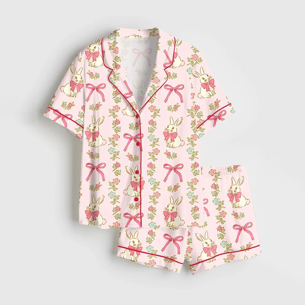 Preppy Bunny Easter Pink Satin Pajama Set Preppy Bunny Easter Pink Satin Pajama Set