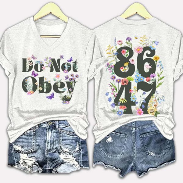 Retro Do Not Obey Flowers 86 47 Print Two Sided V neck T Shirt 2