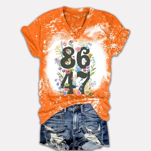 Retro Tie-Dye Flowers 86 47 Print V-Neck T-Shirt