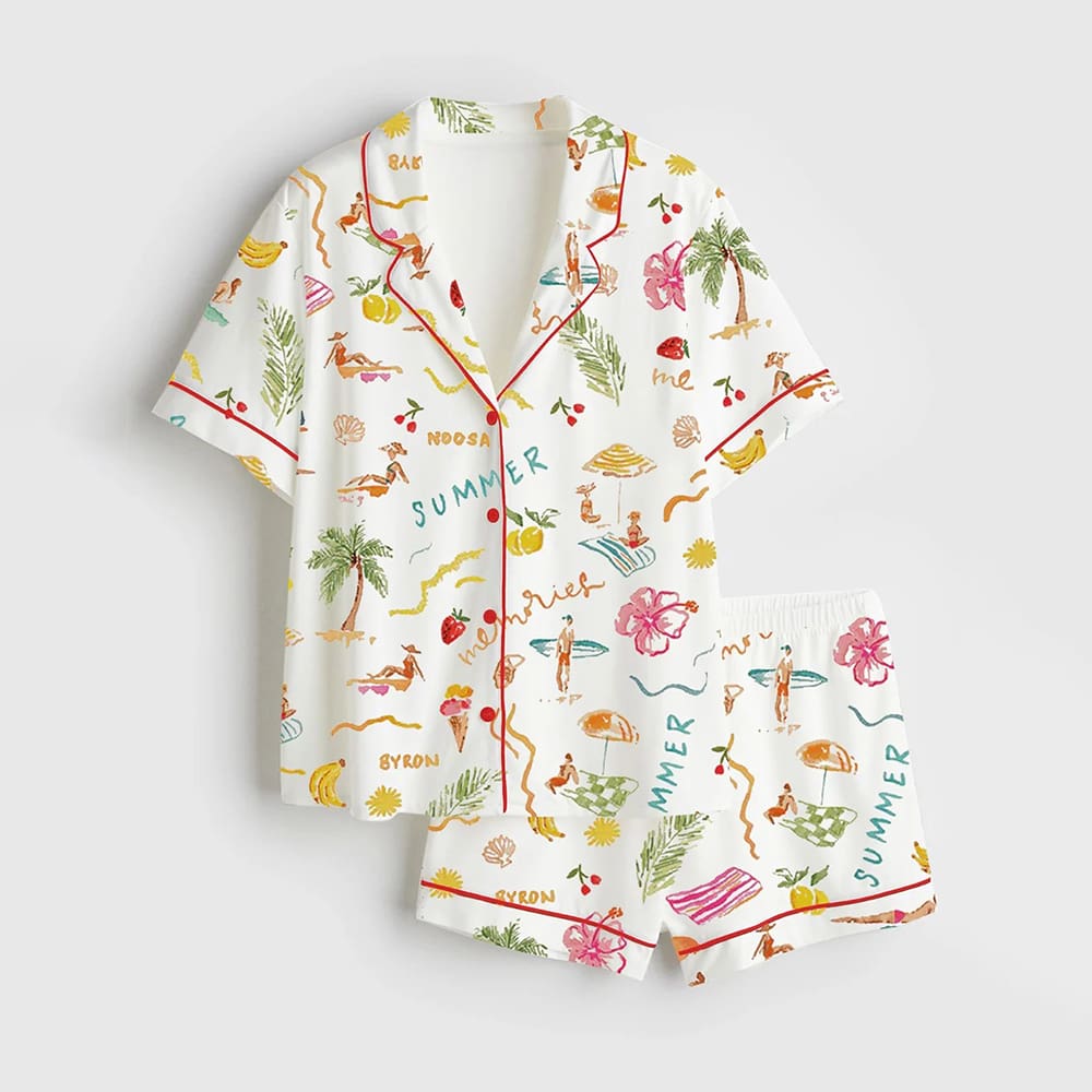 Summer Memories Fruity Cocktails Tropical Trees Sandy Beaches Satin Pajama Set Summer Memories Fruity Cocktails Tropical Trees Sandy Beaches Satin Pajama Set