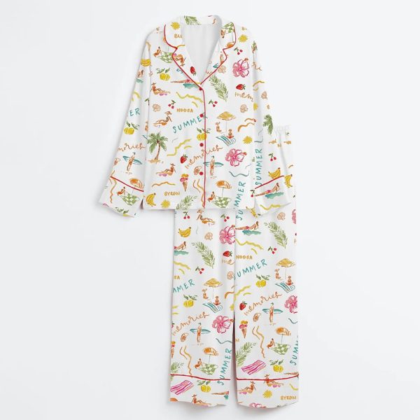 Summer Memories Fruity Cocktails Tropical Trees Sandy Beaches Satin Pajama Set 3
