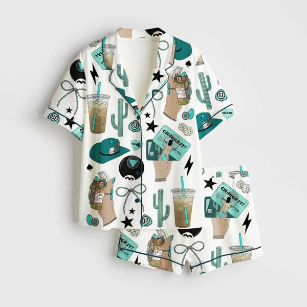 Trendy Western Collage Turquoise Cowgirl Rodeo Western Print Satin Pajama Set