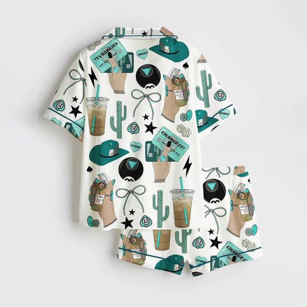 Trendy Western Collage Turquoise Cowgirl Rodeo Western Print Satin Pajama Set 2