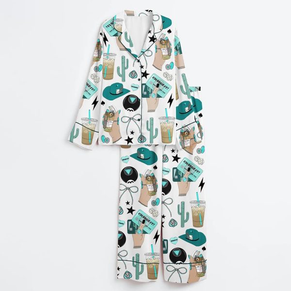 Trendy Western Collage Turquoise Cowgirl Rodeo Western Print Satin Pajama Set 3