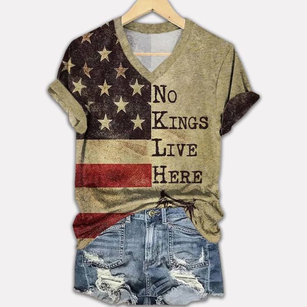 V-Neck Retro No Kings In America Crown Print T-Shirt