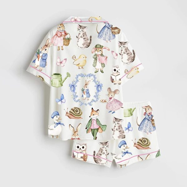 Vintage Bunnies Cottagecore Rabbits Cute Easter Watercolor Spring Print Satin Pajama Set 2