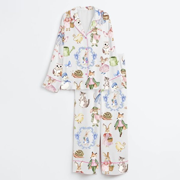 Vintage Bunnies Cottagecore Rabbits Cute Easter Watercolor Spring Print Satin Pajama Set 3