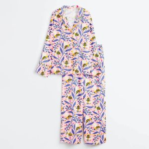 Colorful Bees And Flowers Satin Pajama Set
