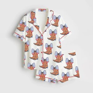 4th of July Bow USA Western Boots Satin Pajama Set