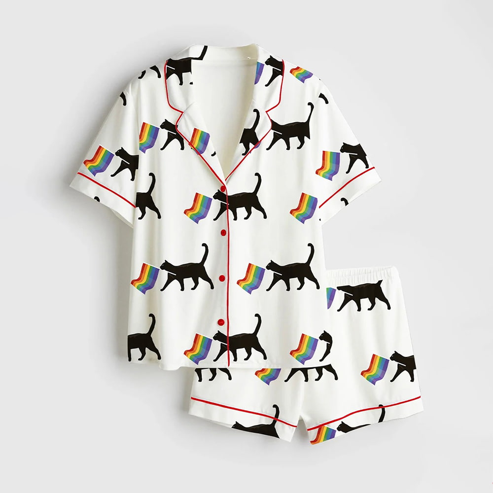 A Little Gay Cat Friend Pride Month LGBT Pride Print Satin Pajama Set A Little Gay Cat Friend Pride Month LGBT Pride Print Satin Pajama Set