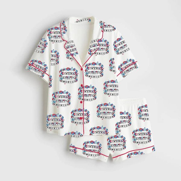 America Friendship Bracelet Girly 4th Of July 1776 Preppy USA Independence Day Coquette Satin Pajama Set