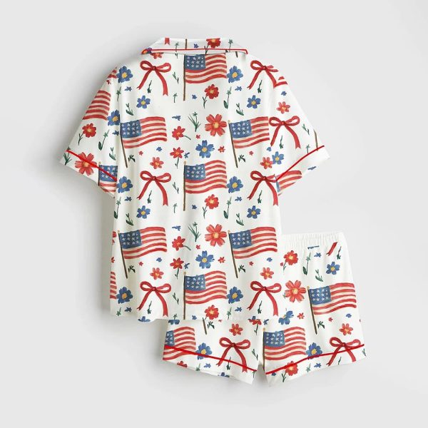 American Flag Coquette Bow 4th Of July USA Patriotic Print Satin Pajama Set 2