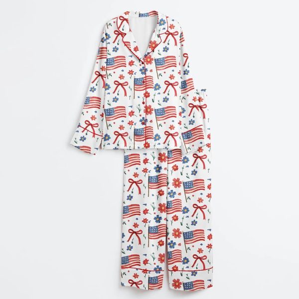 American Flag Coquette Bow 4th Of July USA Patriotic Print Satin Pajama Set 3