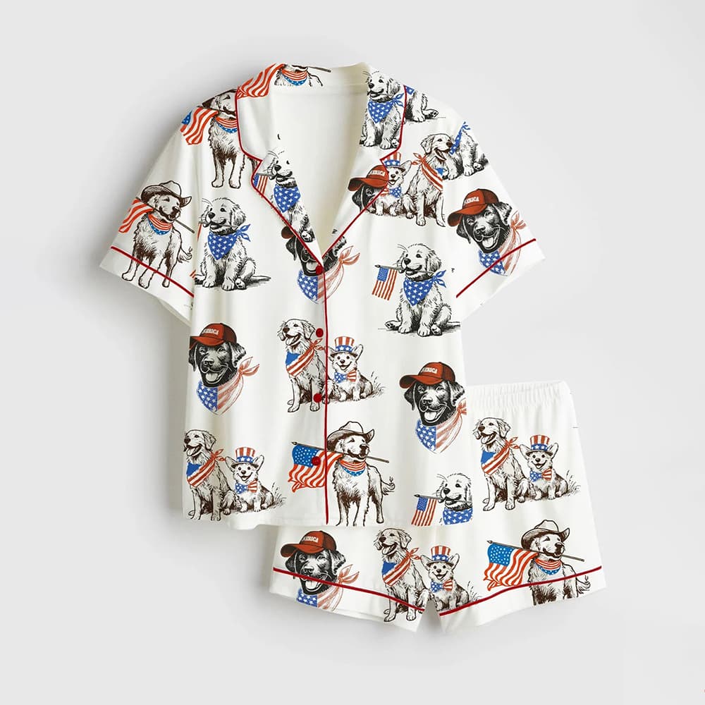 American Pride Pooch Western Patriotic Dog 4th Of July Print Satin Pajama Set American Pride Pooch Western Patriotic Dog 4th Of July Print Satin Pajama Set