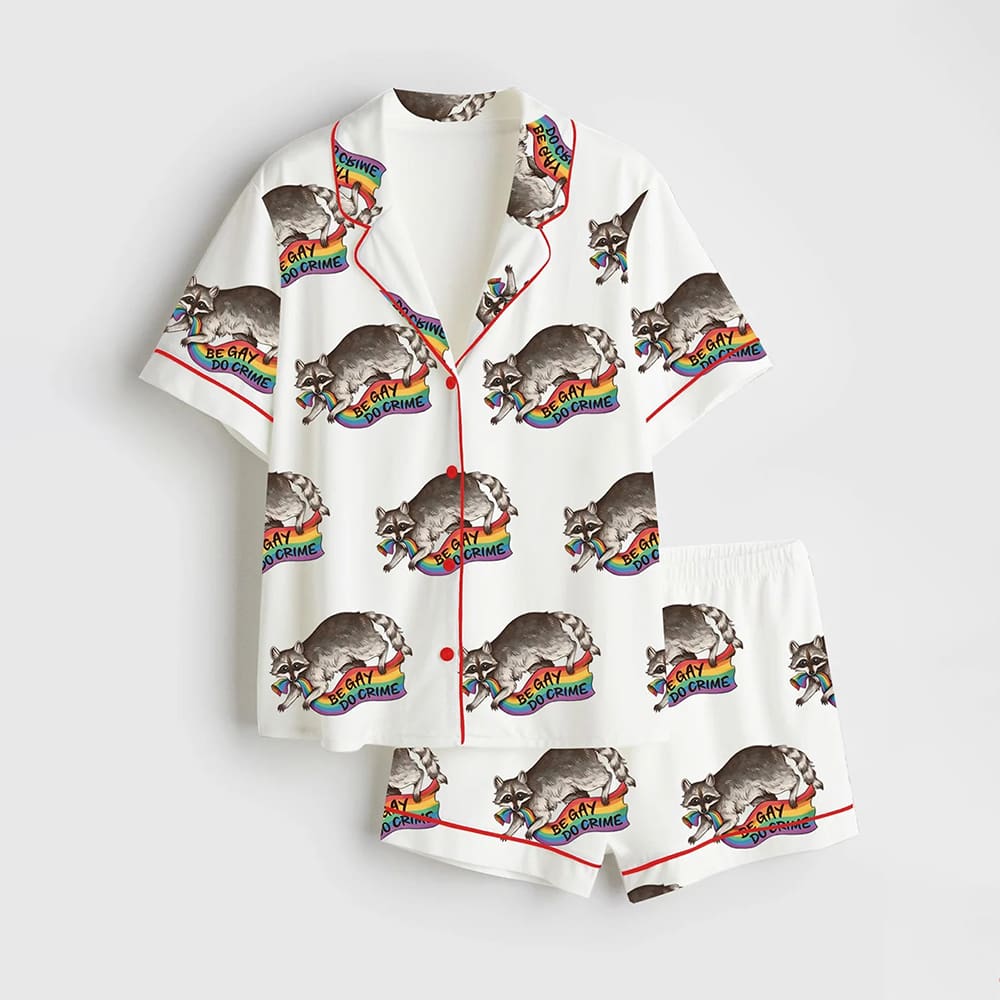 Be Gay Do Crime Rainbow Flag Pride Flag Stealing Raccoon Trash Panda LGBT Pride Print Satin Pajama Set Be Gay Do Crime Rainbow Flag Pride Flag Stealing Raccoon Trash Panda LGBT Pride Print Satin Pajama Set