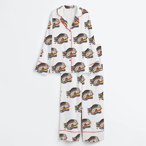 Be Gay Do Crime Rainbow Flag Pride Flag Stealing Raccoon Trash Panda LGBT Pride Print Satin Pajama Set 3