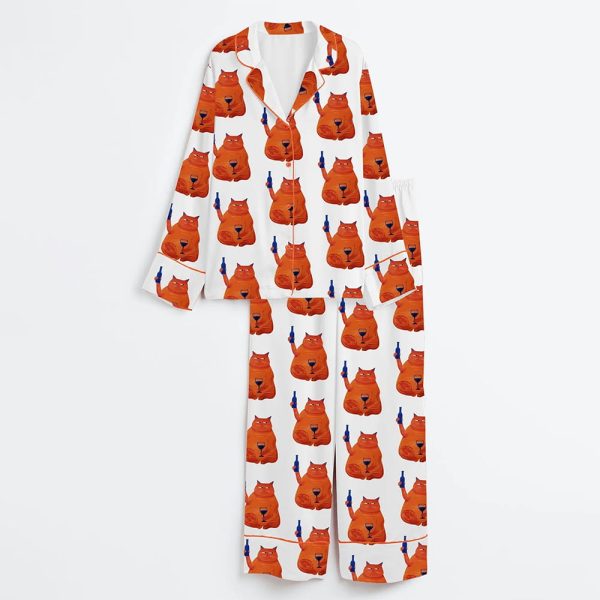 Cat Wine Cheers Satin Pajama Set 3