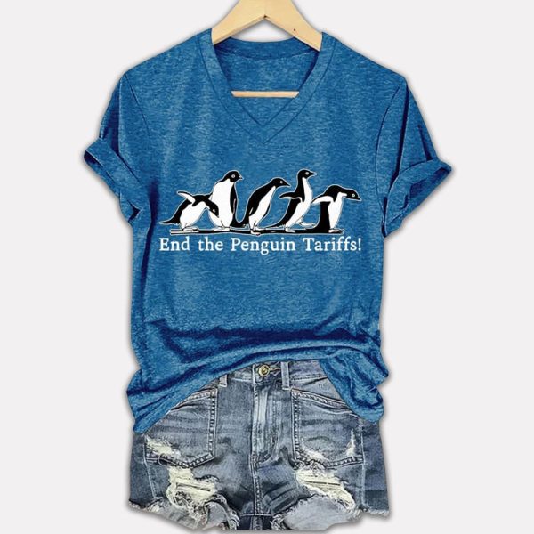 End The Penguin Tariffs Printed V-Neck T-shirt