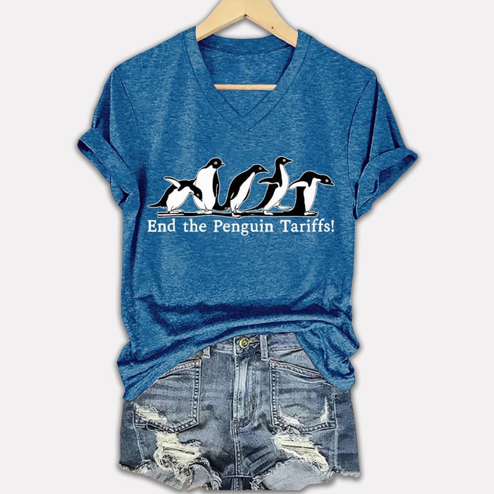End The Penguin Tariffs Printed V-Neck T-shirt End The Penguin Tariffs Printed V-Neck T-shirt
