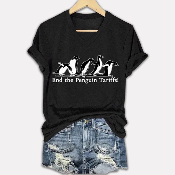 End The Penguin Tariffs Printed V Neck T shirt 2