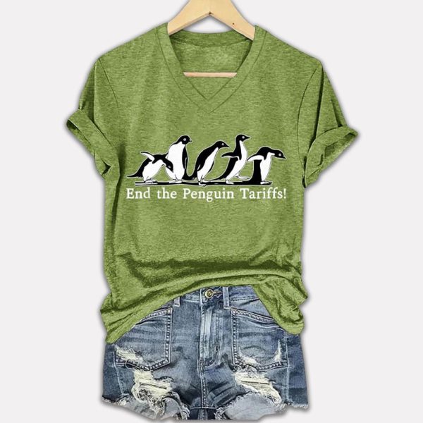 End The Penguin Tariffs Printed V Neck T shirt 3
