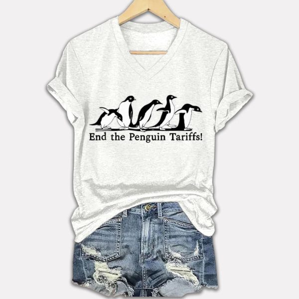 End The Penguin Tariffs Printed V Neck T shirt 4