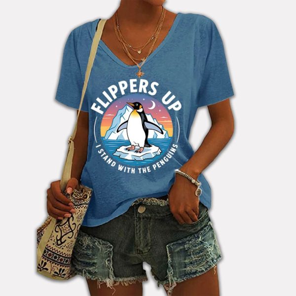 Flippers Up I Stand With The Penguins V-Neck T-Shirt