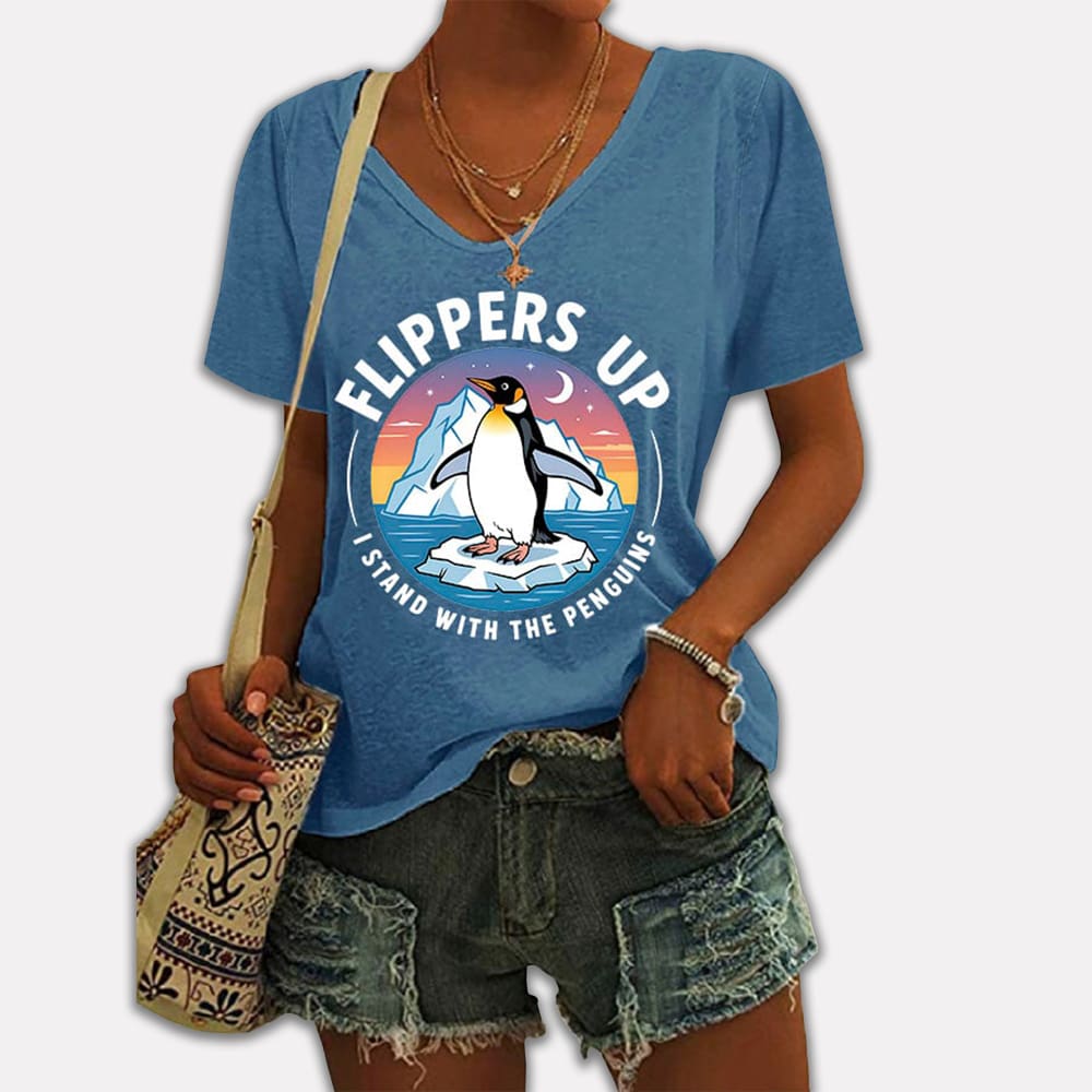Flippers Up I Stand With The Penguins V-Neck T-Shirt Flippers Up I Stand With The Penguins V-Neck T-Shirt