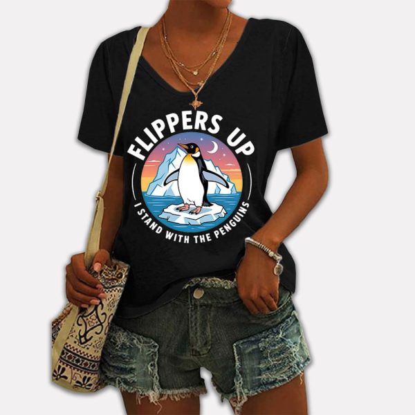 Flippers Up I Stand With The Penguins V Neck T Shirt 2
