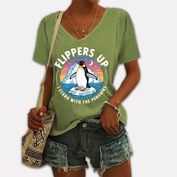 Flippers Up I Stand With The Penguins V Neck T Shirt 3