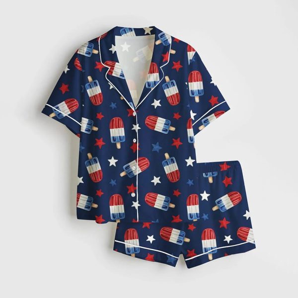 Fourth Of July Red White Blue USA Flag America Stars And Flags Patriotic 4th Of July Popsicles Satin Pajama Set