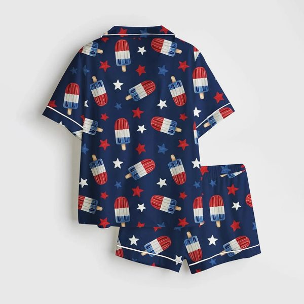 Fourth Of July Red White Blue USA Flag America Stars And Flags Patriotic 4th Of July Popsicles Satin Pajama Set 2