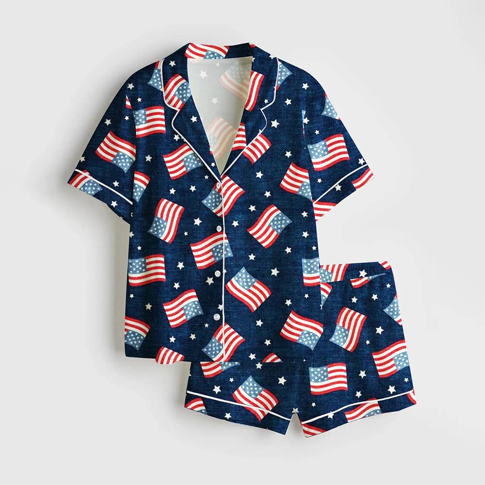 Fourth Of July Red White Blue USA Flag America Stars And Flags Satin Pajama Set Fourth Of July Red White Blue USA Flag America Stars And Flags Satin Pajama Set