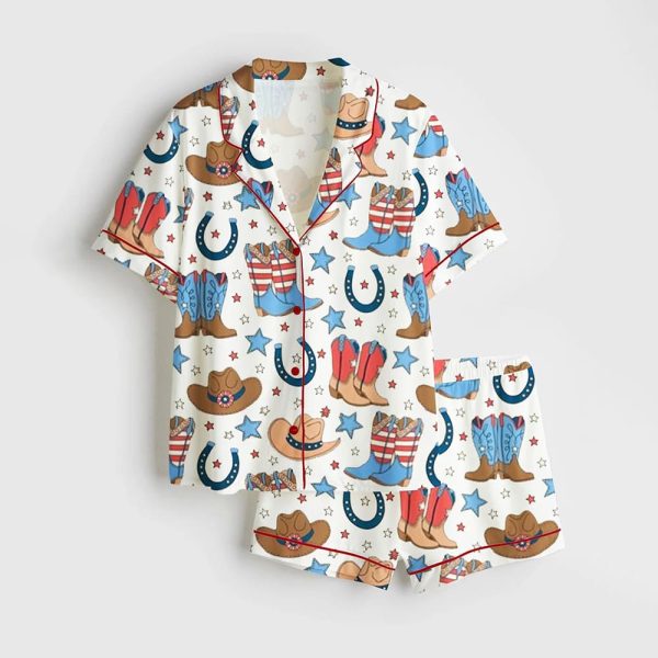 Fourth Of July Red White Blue USA Flag America Western Cowboy Boots Satin Pajama Set