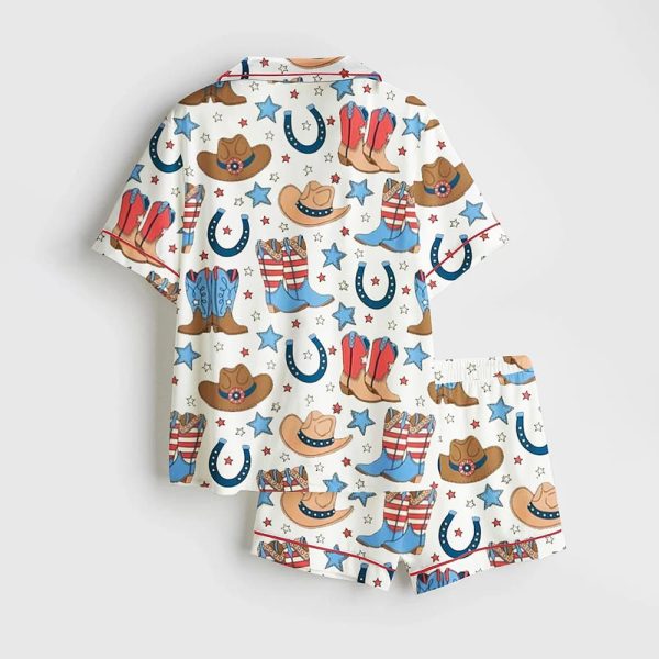 Fourth Of July Red White Blue USA Flag America Western Cowboy Boots Satin Pajama Set 2