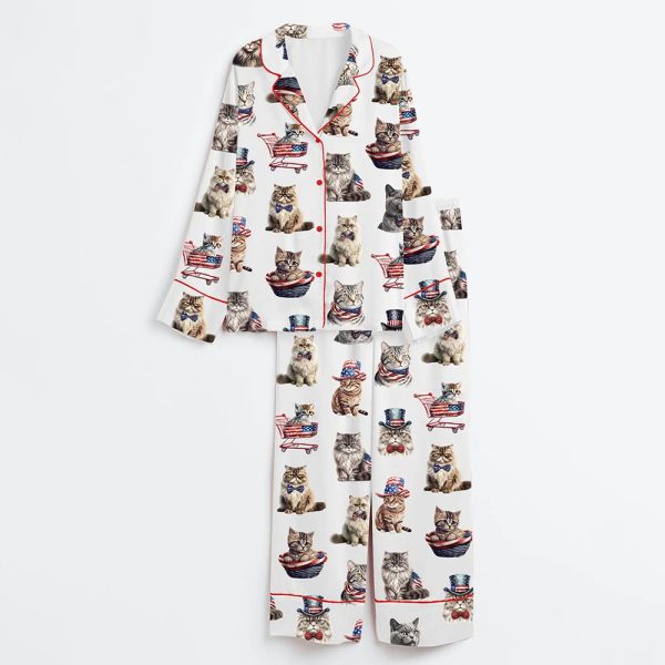 Independence Day Cat 4th Of July Satin Pajama Set 3