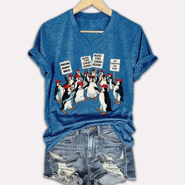 Penguin Resist Against Tariffs Printed T-Shirt