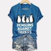 Penguins Against Tariffs Printed V-Neck T-shirt