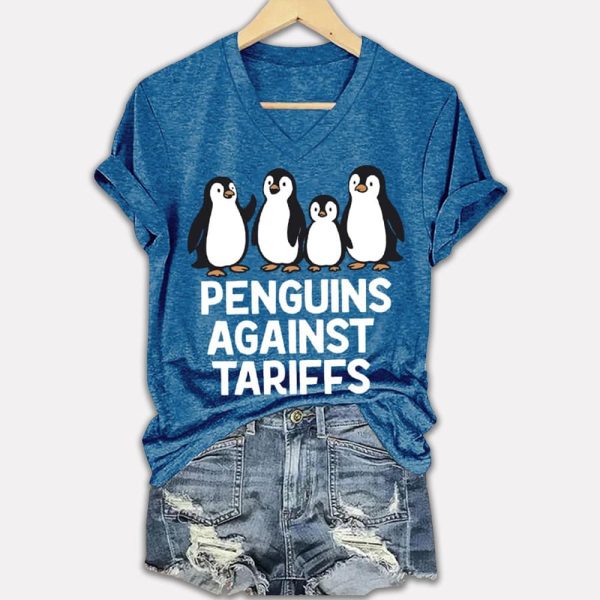 Penguins Against Tariffs Printed V-Neck T-shirt