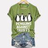Penguins Against Tariffs Printed V Neck T shirt 2